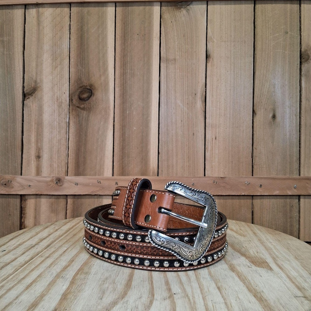 Nocona Belt Mens 38 Cowboy Western Leather Brown Studded Tooled Silver Buckle